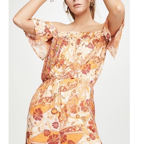 Free People Carmen Vibrant Orange Boho print off the shoulder Wide Leg Jumpsuit - Picture 8 of 11